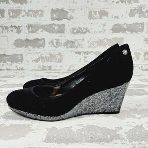 Calvin Klein Black Suede Slip On Evening/Office Silver Wedge Heels D121